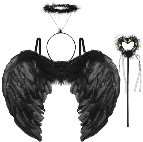 Engel Flügel, Schwarz Federflügel Engel, Flügel mit Heiligenschein und Zauberstab, Größe 60*45CM, Teufel Engelsflügel Deko mit Halo für Halloween Fasching Amor Karneval Cosplay Mottoparty Kostüme