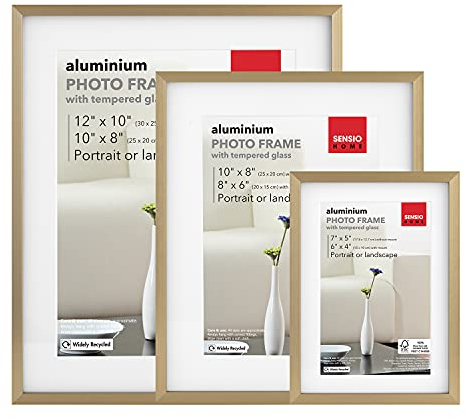 SENSIOHOME 3 Pack Photo Frame Aluminium Metal Gold Various Sizes Tempered Safety Glass Premium Quality (3 Pack, Gold)