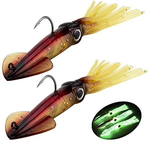 Fishing Squid Lures Kit Pre-rigged Squid Lure Glow In the Dark Squid Jig Octopus Artificial Bait Saltwater Sea Fishing Lures Sinking Lure 35g 2Pcs (C -2Pcs)
