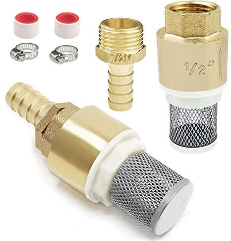 GZhaizhuan 2 Stk Rückschlagventil, 1/2 Zoll Messing Fußventil für Saugschlauch Schwengelpumpe Gartenpumpe, mit Schlauchanschluss, Schlauchschelle & Rohstoff Band