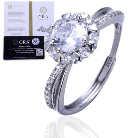 Halukakah Sterlingsilber Damen Diamantring mit 1 Karat Moissanitstein und Zertifikat, 1,0 ct Eleganter Schmuck für Verlobungen, Feiern und Geburtstage, Verstellbare Größe, Geschenk für Frau, Freundin