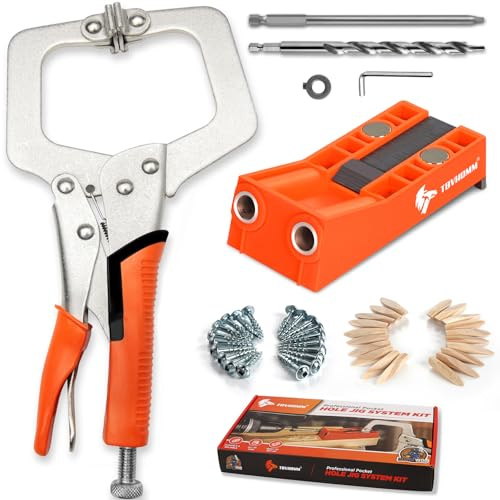 Pocket Hole Jig System Kit, Pocket Screw Jig with 11 Inch Clamp, Square Driver Bit, Hex Wrench, Depth Stop Collar, Step Drill Bit, Coarse Square Driver Screws, All in One for Joinery Work