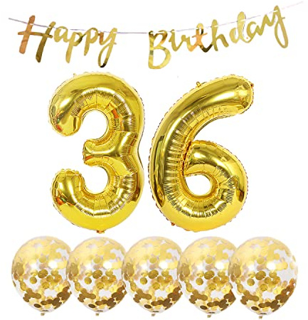 Chaungfu 36th Birthday Decoration Kit: Gold 36th Birthday Banner, Balloons, Confetti, Ribbons & Glue Dots - 30 Pieces - Adults - Unisex - Birthday Occasion
