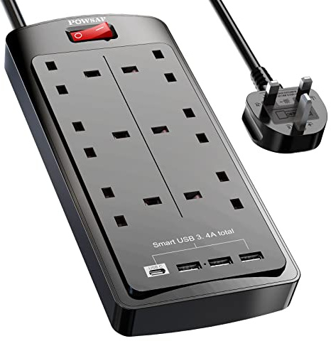 POWSAF 6 Way Extension Lead with 4 USB Slots (3.4A, 1 Type C and 3 USB-A Ports),Power Strip Extension Cord with 6 Plug Extension Socket and 2M Extension Cable for Home Office Travel,Black
