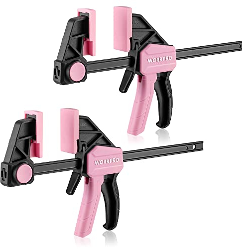 WORKPRO Rosa Einhandzwingen Set 2 Stück Schraubzwingen Spanner, Spannweite 150 mm Dehnbereich 135mm - 285mm Spannkraft 68kg, Stahl und Nylon für präzises Fixieren