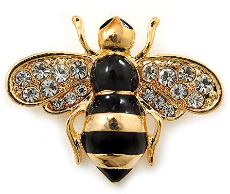 Avalaya Petite broche « abeille » en émail noir plaqué or – 35 mm de diamètre, taille unique, émail