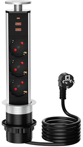 Tischsteckdose 3 Fach für Arbeitsplatte, Airmom 3 Fach Versenkbare Tischsteckdose mit USB-C für Büro, Küche, 1.8M Kabel