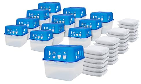 12 cajas para deshumidificadores ultrafrescos, granulados con 24 bolsas de 400 g, deshumidificador con bandeja colectora, reutilizable, rellenable, color blanco y azul