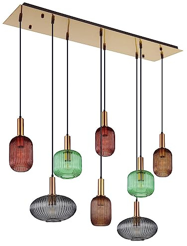 Hängelampe Hängeleuchte Pendellampe Pendelleuchte Esstischleuchte Designleuchte, 8 Flammig Glas Metall messingfarben, 8x E27 Fassungen, LxBxH 125x48x125cm