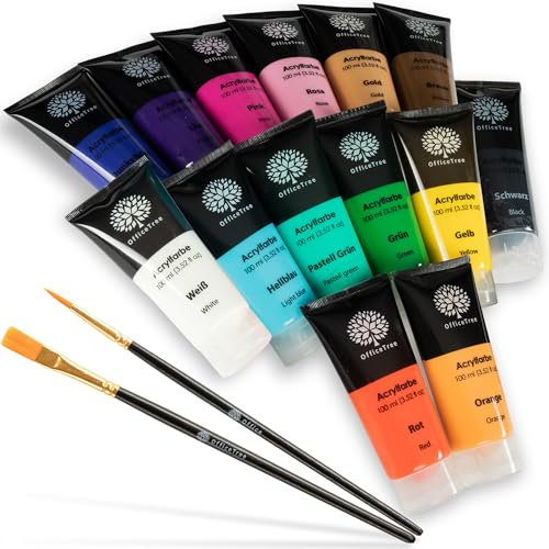 OfficeTree Set di 14 colori acrilici per tubo, 100 ml, a base d'acqua, set di colori acrilici per pietre, colori acrilici, 14 colori in tubi per pittura acrilica, hobbista/artista