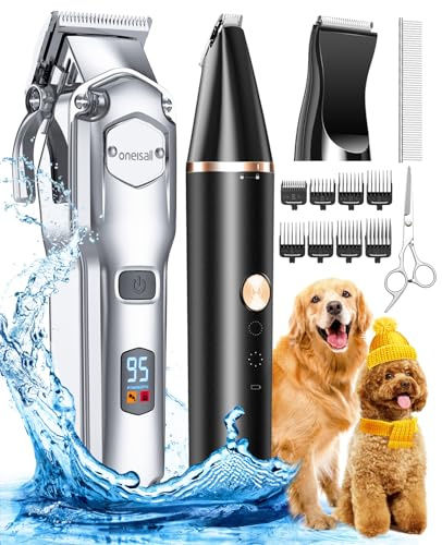 oneisall Dog Grooming Kit for Heavy Thick Hair&Coats/Low Noise Rechargeable Cordless Waterproof Dog Clippers for Grooming Animals&Pets/Pet Shaver with Stainless Steel Blade and Paw Trimmer
