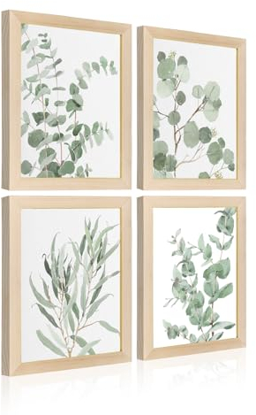 Botanische Pflanze Wandkunstdrucke: Salbeigrün Eukalyptus Bild Dekor 4 Stück gerahmt Boho Blätter Poster für Badezimmer Schlafzimmer Wohnzimmer Heimdekoration 20,3 x 25,4 cm