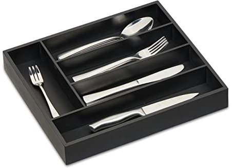 Relaxdays Besteckkasten für Schubladen, 5 Fächer, HBT: 5 x 34 x 30 cm, Schubladeneinsatz, Besteckeinsatz Bambus, schwarz