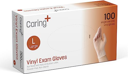 Caring Vinyl Exam Gloves (Medium, 100ct), Powder Free and Not Made with Natural Rubber Latex, Gloves for Medical Use, First Aid, Food Prep and More