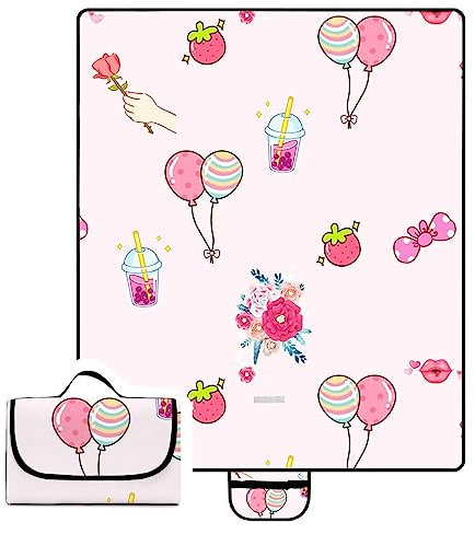 Picknickdecke 180x200cm,XXL Picknickdecke mit Wasserdichter Unterseite,Outdoor Stranddecke Sandfrei,mit Tragegriff Faltbare Picnic Blanket für Camping,Strand,Park,Familie,Konzerte Rosa Blume Ballon