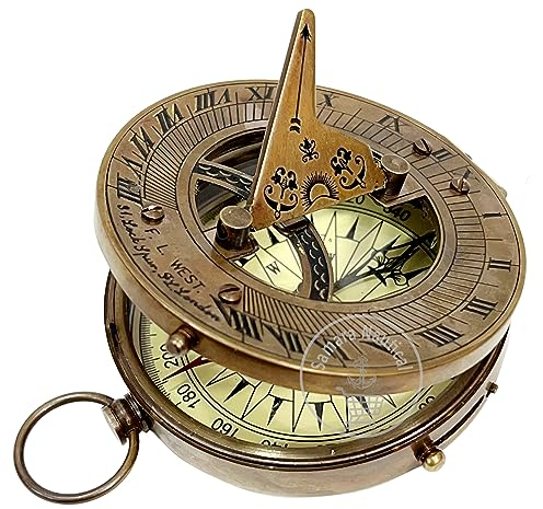 Samara Nautical Vintage nautischer Sonnenuhr-Kompass, rund, Messing-Finish, Sonnenuhr, Navigationskompass mit Abdeckung