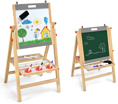 Maxmass 3 in 1 Kids Easel, Adjustable Children Painting Easel with Eraser, Paper Roller, Clip, Handle, Wooden Blackboard and White Magnetic Board for Toddler Over 3 Years Old