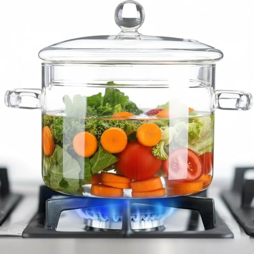 Clear Glass Simmer Pots for Cooking on Stove, Glass Stew Soup Cooking Pot With Lid Kitchen Thickened Stockpot Large Serving Bowl Simmer Pot for Stove (1.9L / 64 OZ)