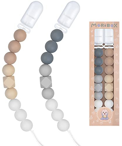 Pacifier Clips for Baby Boys Girls 2 Pack (Beige Grey)