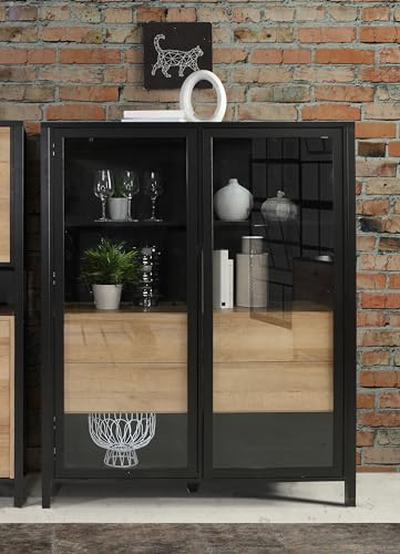 Forte HIGH Rock Vitrine 120, Moderne Standvitrine, 2 Glastüren, Vitrinenschrank, Wohnzimmervitrine, Holzwerkstoff, Schwarz/Riviera Eiche Holzwerkstoff, 121,3 cm breit x 152,3 cm hoch x 40,2 cm tief