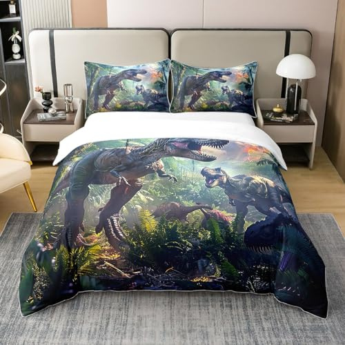 100% Organic Cotton 3D Dinosaur Comforter Cover Dino Silhouettes Evolution Bedding Set For Kids Boys Young Ancient Safari Animal Duvet Cover Jungle Woodland Quilt Cover,Soft Warm Twin Size