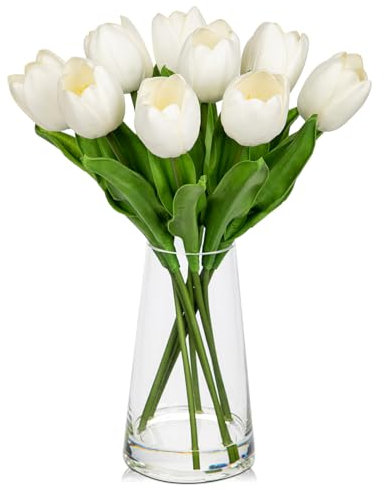 Hollyone 9PCS Fake Tulips Artificial Tulip Flowers in Glass Vase with Faux Water, 14.2 Real Touch White Tulip Flowers Décor for Table Centerpiece Home Farmhouse Resto Wedding Decoration