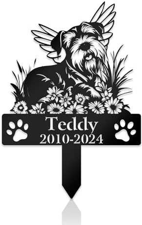 Personalized Dog Memorial Stake Angel Schnauzer Lying on Flowers Grave Marker 8x8 inch Dog Loss Gift Sympathy Gift for Schnauzer Lover (Angle Lying on Flowers)