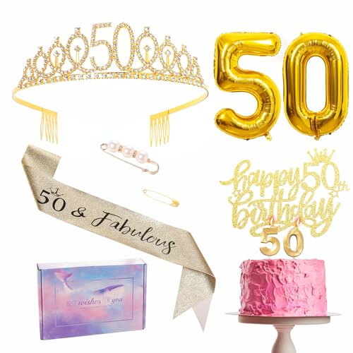 50th Birthday Decorations Set - Gold 50th Birthday Sash and Tiara Party Crown, Cake Topper and Candles, Number 50 Foil Balloons, Party Supplies, 50th Year Old Gifts for Her Women