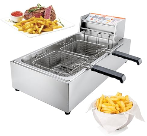 LXTEDJ 12 L Freidora Eléctrica Comercial, 4000W, Acero Inoxidable, freidora Industrial hosteleria con 2 Cestas para Freír Tapas Temperatura Ajustable Drenaje de Aceite extraíble Cesta Antiadherente
