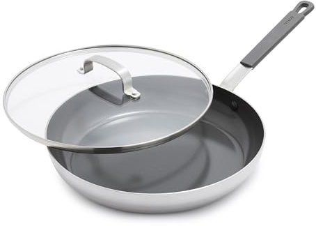 GreenPan x Bobby Flay rostfritt stål 30,48 cm stekpanna med glaslock, professionell tre lager, PFAS-fri keramisk nonstick, induktionssäker, diskmaskins- och ugnssäker, håll dig sval handtag