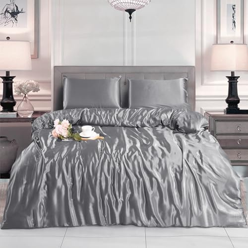 Hadi London Slik Satin Duvet Cover Sets - Luxurious Bedding with Zip Fastening - Soft and Breathable Quilt Cover with 2 Pillowcases - Available in Single, Double, and King Sizes (SILVER, DOUBLE)