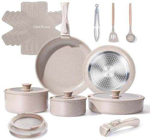 Chef Power Ceramic Nonstick Pots and Pans Set 19 Piece with Detachable Handle, Induction Dishwasher Oven Safe Cookware Set, RV Kitchen Set Removable Handle, Mocca Taupe
