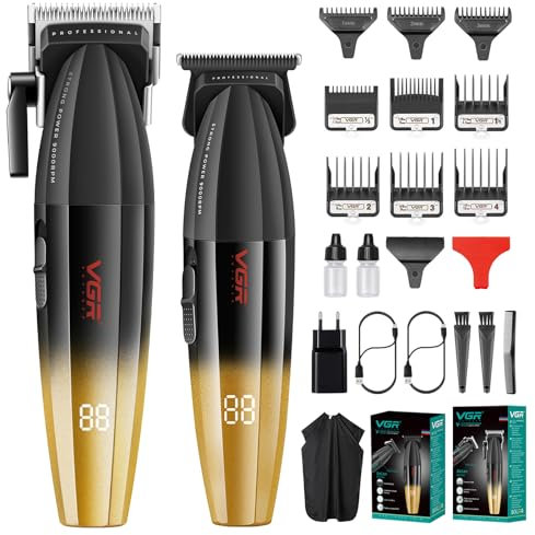 VGR Maquina de Cortar Pelo Hombre Profesional, Kit Cortar Pelo Inalámbrico Recargable USB, Maquina Cortar Pelo Degradado, Set Cortapelos y Barba con 9 Peines Guía Para Barbería, Uso en el Hogar