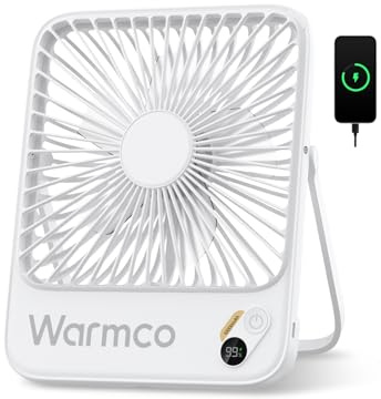 Warmco 10000mAh Portable Desk Fan 21cm, Max 24H Runtime, Ultra-thin Quiet Rechargeable Battery Operated Fan with Digital Display for Travel, Camping, Office, Bedroom, Cruise Essentials