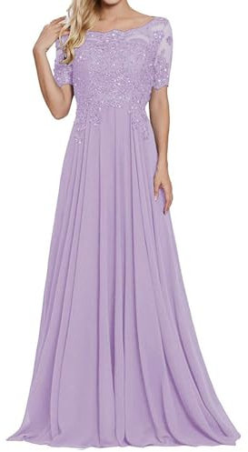 Abendkleider Damen Spitze Lang Mutter der Braut Kleider Chiffon A-Linie Hochzeit Partykleid mit Ärmeln Flieder 36