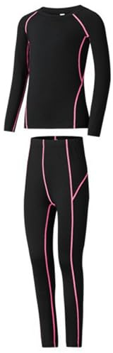Boys Girls Base Layer Athletic Compression Leggings And Shirts Thermal Underwear Set Running Pants Tights 7 Piece Set Hot Pink