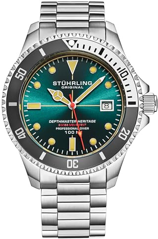 Stuhrling Depthmaster Heritage Diver - Reloj de cuarzo suizo, 42 mm, esfera verde azulado, acero inoxidable, resistente al agua hasta 100 m, verde azulado, Multifunción