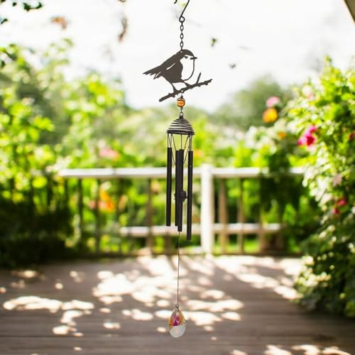Silhouette Fairy Wind Chime – Black Metal Hanging Chime for Garden, Patio & Outdoor Décor (Robin Wind)