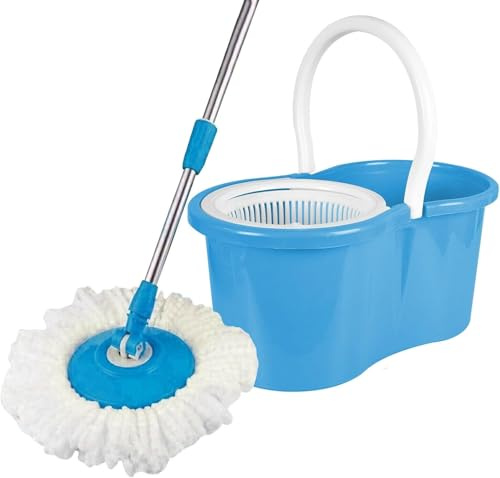 Spin Mop Bucket Set with Spin 360 Wringer and Two Microfibre Mop Pad Head Telescopic Easy Press Handle with Spin Dry Cleaning Caddy Set-Microfibre Home Cleaning Clean Floor, Sky Blue