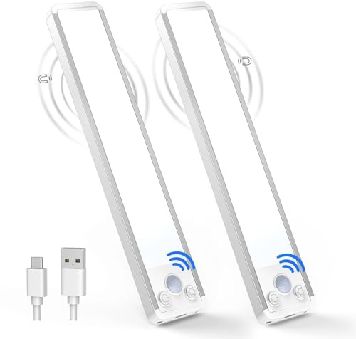 TECKNET Under Cabinet Kitchen Lights, 70 LED Super Bright, 3 Color Stepless Dimming Motion Sensor Lights Indoor, Rechargeable USB-C 1800mAh Cupboard Light, Stick on Lights for Cupboard&Kitchen-2 Pack