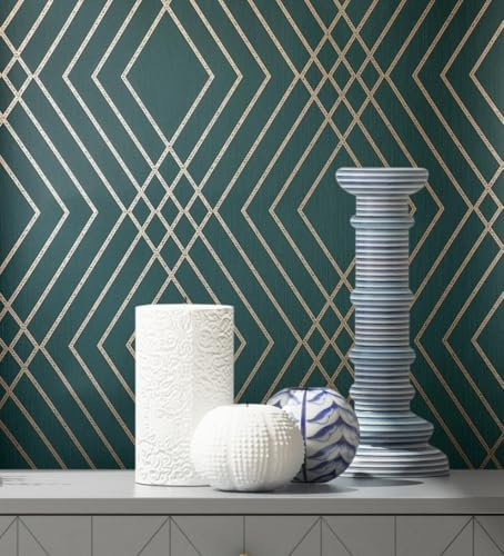 GAULAN 683541 - Tapete, Abwaschbar. Geometrisches Art-déco-Tapetenmuster mit grünem Smaragdgrund und goldenen Linien für Wohnzimmer Schlafzimmer Flur - Rolle 10 m x 0,53 m