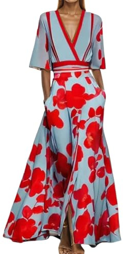 Vestido Mujer Bohemio Largo Elegante Vestido Floral Sexy con Cuello En V Manga Corta Cuello De Pico De Noche Playa Fiesta Vacaciones