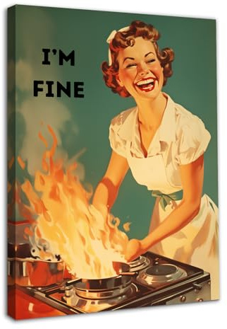 Dazzlewall Encadré Drôle Cuisine Art Mural Affiche, Vintage des Années 50 Femme Au Foyer Heureuse Photo pour Chambre À Coucher Cuisine Salle À Manger Décoration Murale 12×16 Po