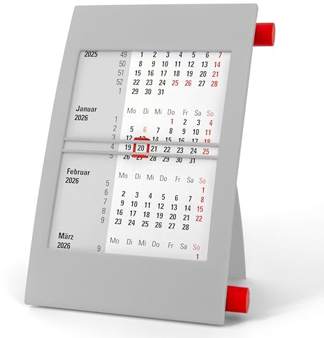 3-Monatskalender Tisch 2026 2027 - Büro & Homeoffice Tischkalender mit Drehmechanik - 2-Jahres-Kalender - grau/rot - Truento
