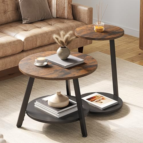 YITAHOME 2er Set Couchtisch Set Rund, Wohnzimmertisch mit Stauraum, Beistelltisch 2er Set Stapelbar mit Holzplatte und Metallrahmen, C-förmiger Beistelltisch, Couch Tisch Wohnzimmer, Rustikales Braun