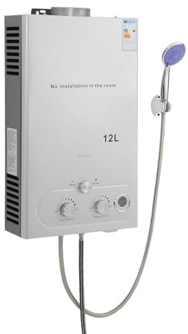 Durchlauferhitzer 8L/12L/16L, 24KW Wassererhitzer Set mit Duschkopf, Outdoor Tragbarer Gas-Wassererhitzer, Mehrfachschutz für Campingausflüge Bootshaus (Silber, 12L)