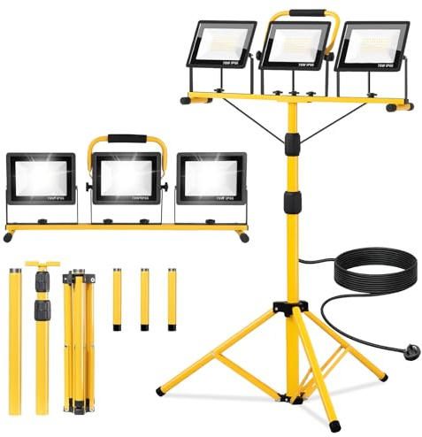 SINGTIP 210W Projecteur LED Chantier avec Trépied, 21000LM 6500K Lampe de Chantier avec Câble 5m Interrupteur Simple, IP66 Etanche Spot Chantier pour Chantier/Atelier/Garage Réglable Hauteur 200cm