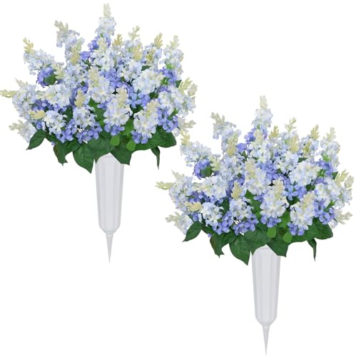 Fairblo 2 Sets Cemetery Flowers for Grave 6 Bundles Fake Lilacs Bouquet with Vase, 16 Inch Artificial Flowers for Cemetery for Memorial Gravesite Vase Garden Outdoor Decor
