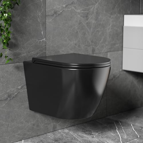 NeoArt Spülrandloses Hänge-WC, 49.5 cm Schwarz Matt | Leises Und Wassersparendes Hochleistungs-Spülsystem, Wand-WC Mit Abnehmbarem WC-Sitz Mit Absenkautomatik