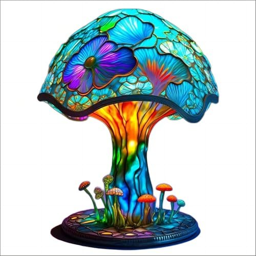 Aptliton Vintage Stained Glass Mushroom Table Lamp, Colorful Resin Plant Series, Bedside Night Light, USB Charging, Desk Lamp for Bedroom, Living Room, Office,15cm